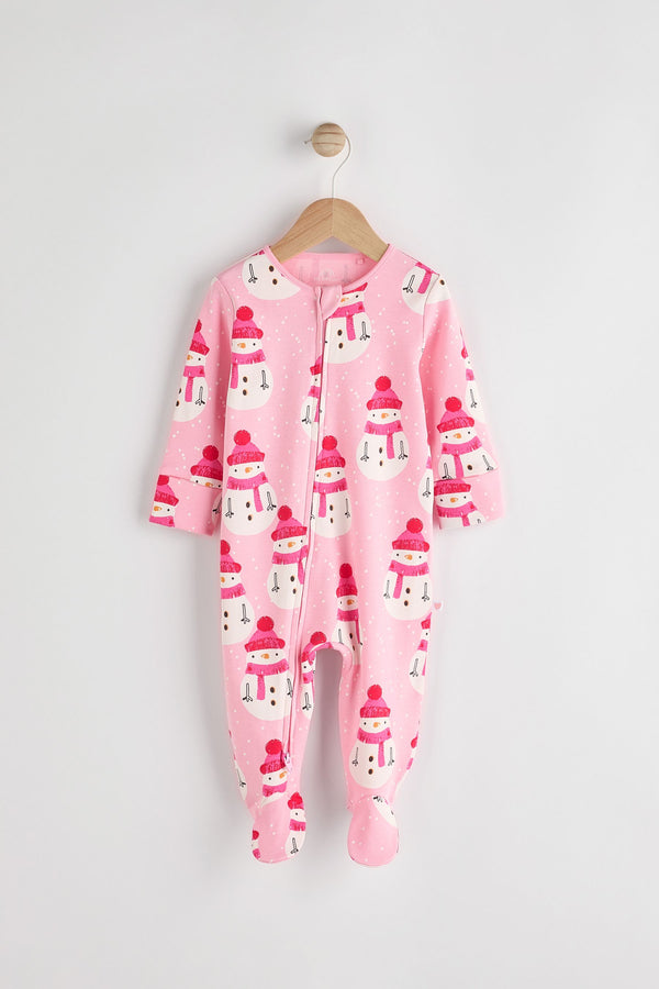 Pink Baby Printed Snowman Christmas Cotton Zip Sleepsuit (0mths-2yrs)