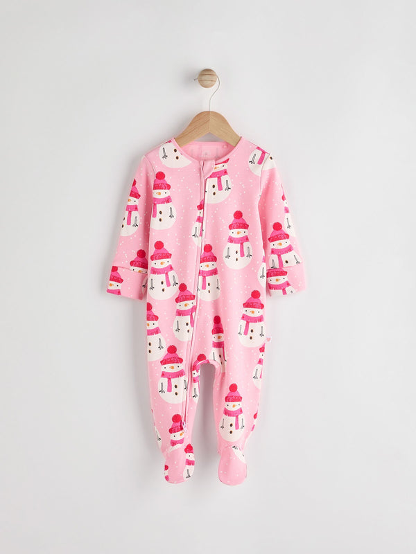 Pink Baby Printed Snowman Christmas 100% Cotton Zip Sleepsuit (0mths-2yrs)