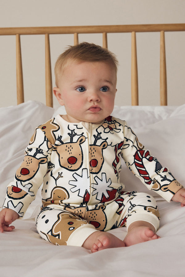 Ecru Baby Christmas Character Cotton Sleepsuit (0mths-3yrs)