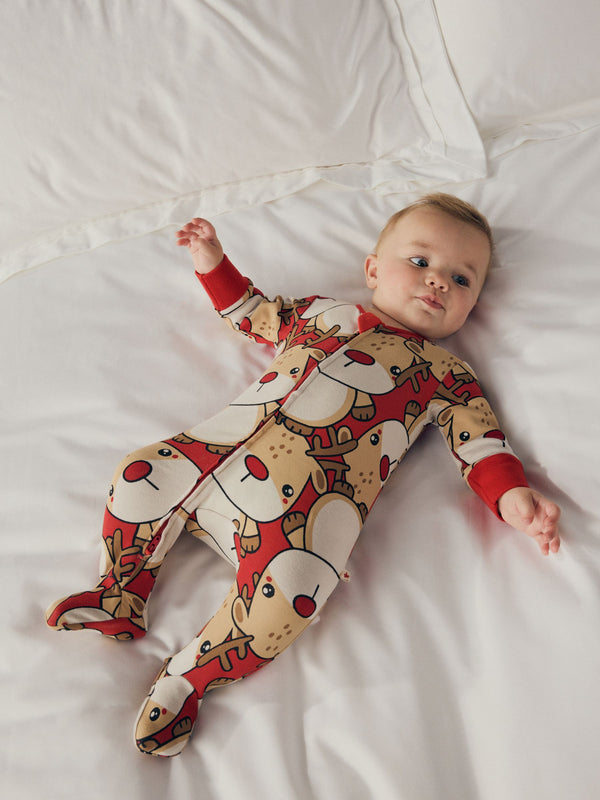 Red Baby Christmas Character Printed 100% Cotton Sleepsuit (0mths-2yrs)