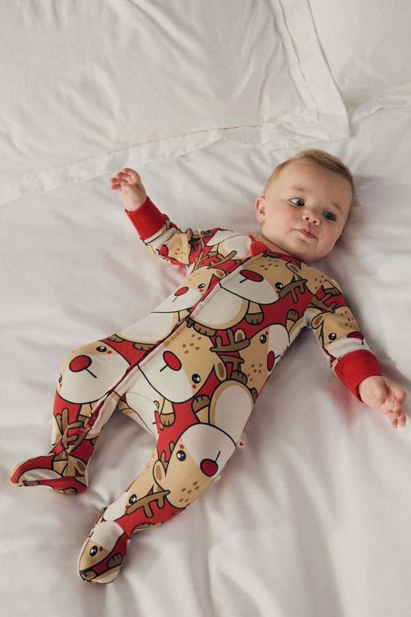 Red Baby Christmas Character Printed 100% Cotton Sleepsuit (0mths-2yrs)