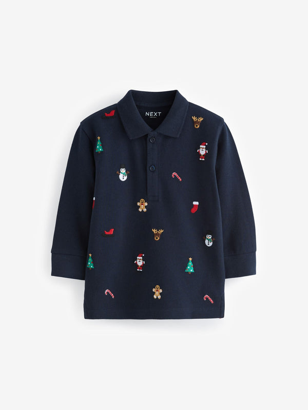 Navy Blue Christmas Long Sleeve 100% Cotton All-Over Embroidered Polo Shirt (3mths-7yrs)