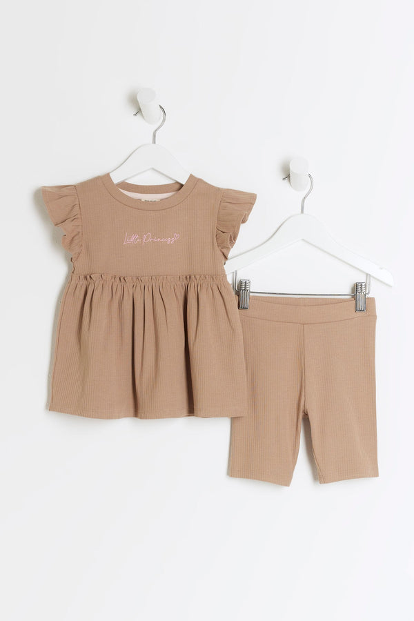 Brown River Island Girls Ribbed Peplum Shorts Set