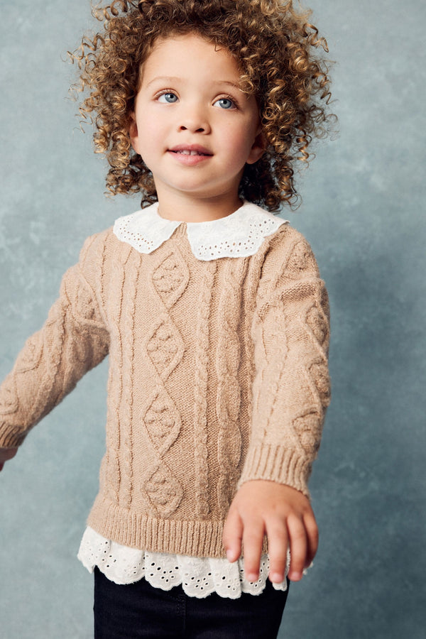 Tan Brown Collar Cable 100% Cotton Jumper (3mths-7yrs)