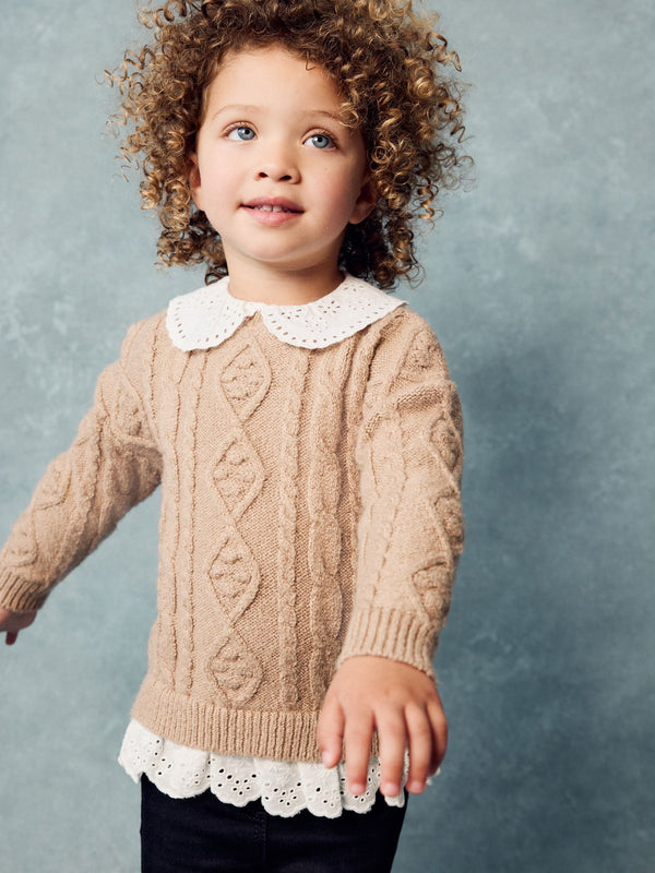 Tan Brown Collar Cable 100% Cotton Jumper (3mths-7yrs)