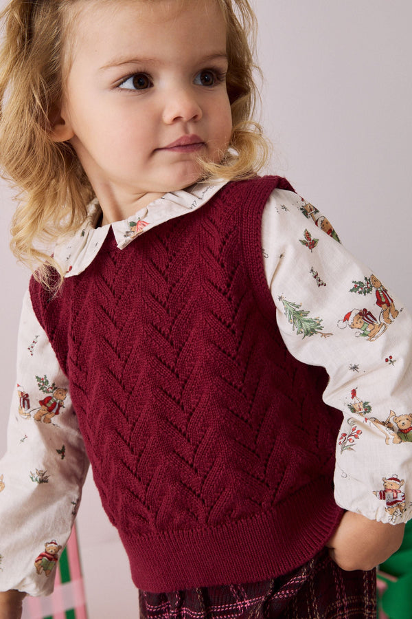 Red Christmas Print Woven Sleeve 100% Cotton Jumper (3mths-7yrs)