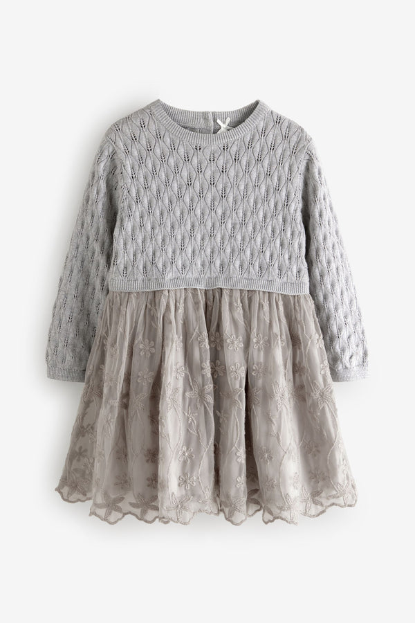 Silver 2-in-1 Occasion Long Sleeve Knitted Jumper Dress (3mths-10yrs)