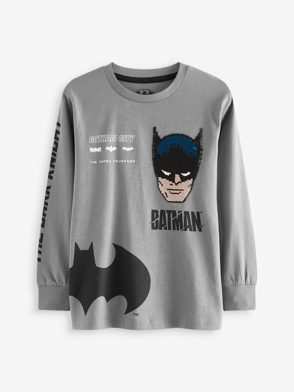 Charcoal Grey Batman Licensed Flippy Sequin Long Sleeve 100% Cotton T-Shirt (3-14yrs)