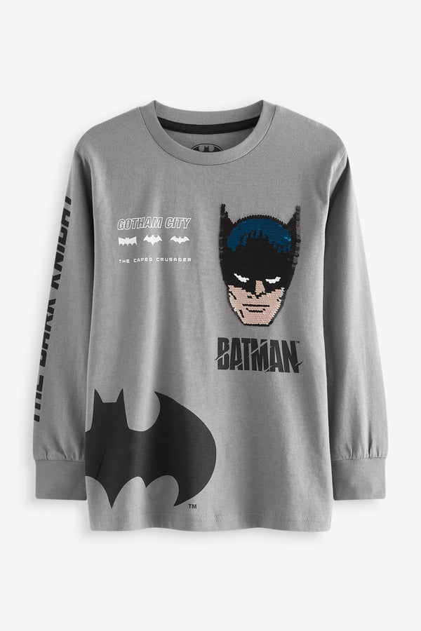 Charcoal Grey Batman Licensed Flippy Sequin Long Sleeve T-Shirt (3-14yrs)