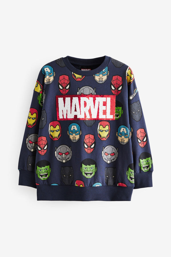 Navy Blue 100% Cotton License Marvel Flip Sequin Long Sleeve T-Shirt (3-16yrs)