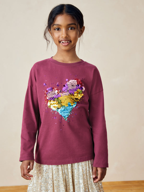 Plum Purple 100% Cotton Sequin Heart Long Sleeve T-Shirt (3-16yrs)