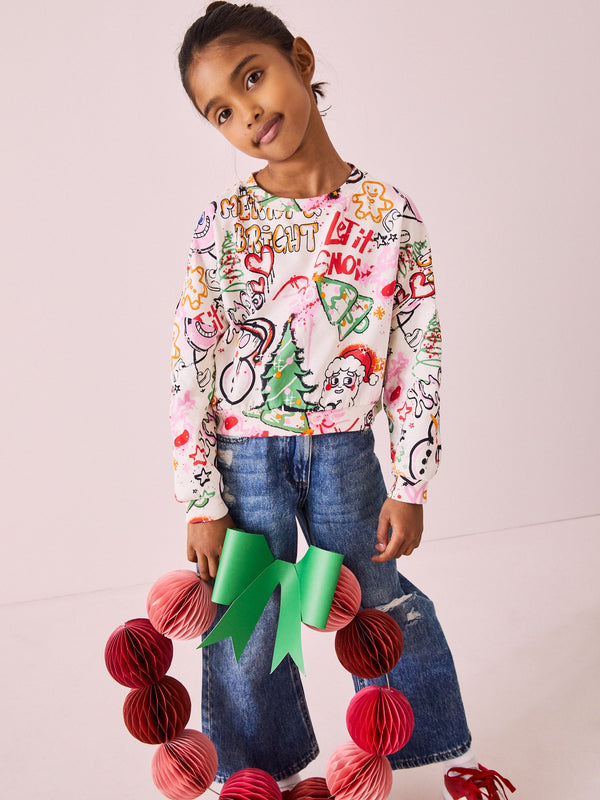 Multi Christmas Graffiti Print Long Sleeve 100% Cotton Sweatshirt (3-16yrs)