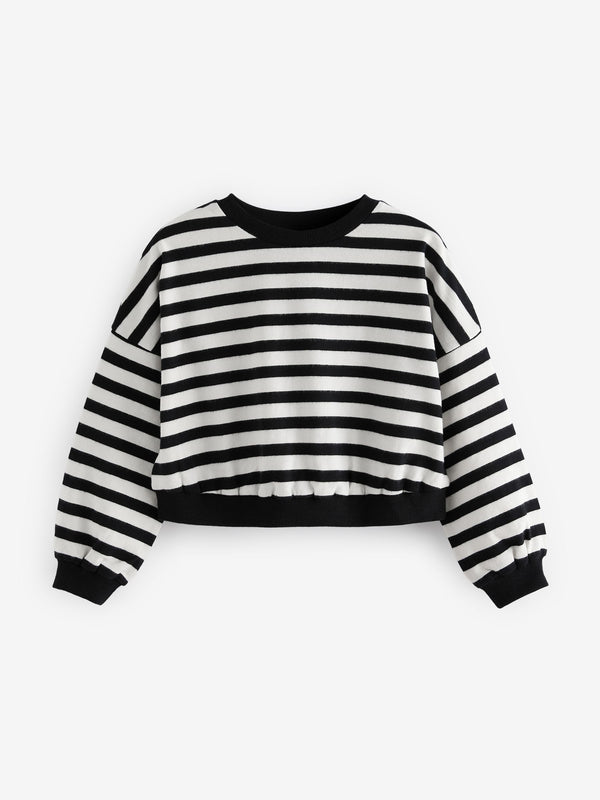 Black/White Stripe Print 100% Cotton Boxy Long Sleeve Sweatshirt (3-16yrs)