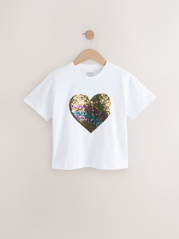 White Pastel Rainbow Sequin Heart Print T-Shirt (3-16yrs)
