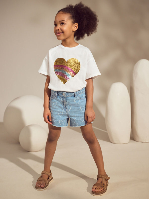 White Pastel Rainbow Sequin Heart Print T-Shirt (3-16yrs)