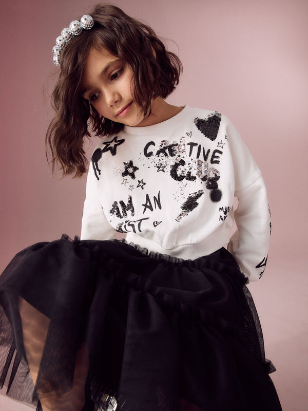 Ecru Sequin Graffiti 100% Cotton Sweatshirt (3-16yrs)