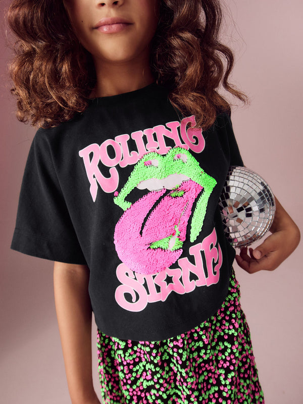 Pink/Black 100% Cotton Rolling Stones Sequin Skirt Set (3-16yrs)