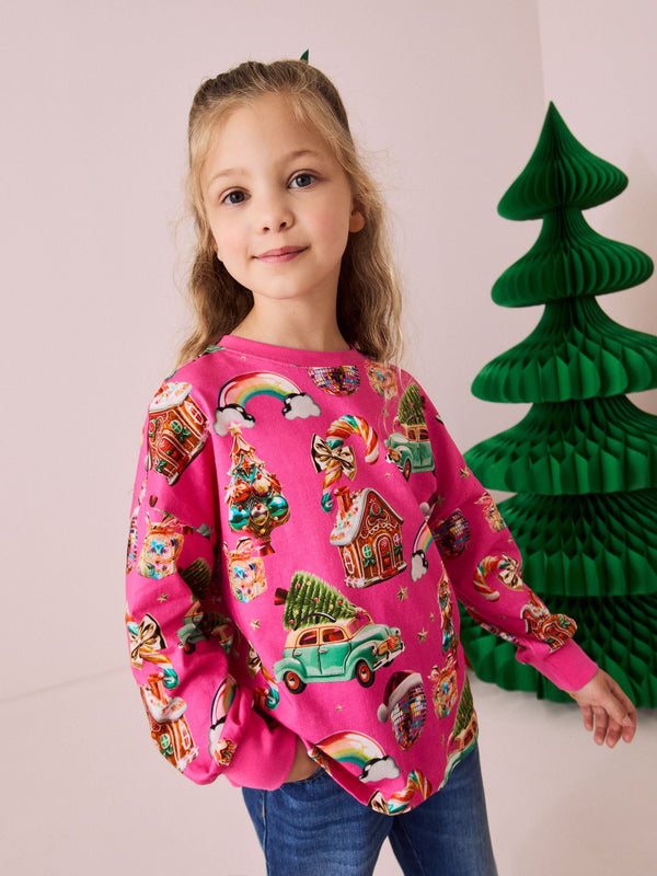Pink Christmas Long Sleeve 100% Cotton Top (3-16yrs)