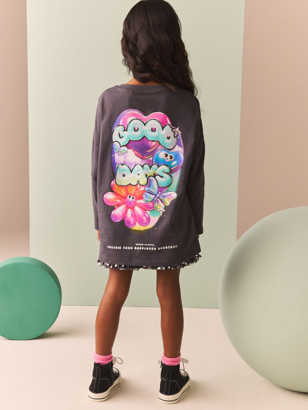Charcoal Grey Oversized Long Sleeve Butterfly Graphic 100% Cotton T-Shirt (3-16yrs)