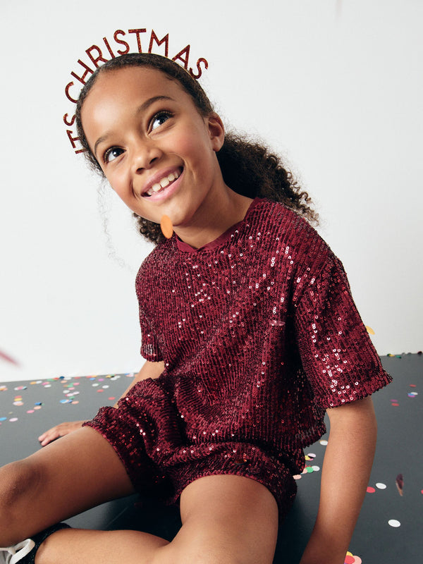 Red Print Sequin Top and Shorts Set (3-16yrs)