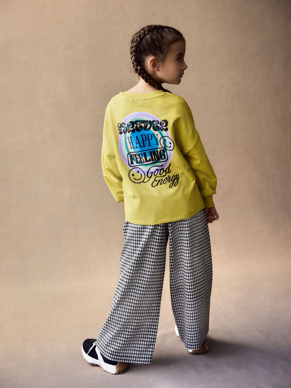 Ochre Yellow Long Sleeve 100% Cotton Graphic Top and Check Wide Leg Set (3-16yrs)
