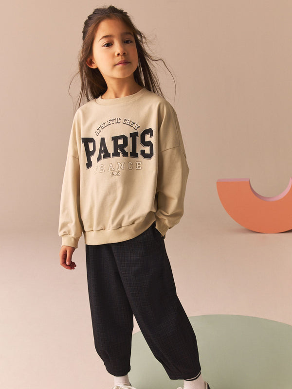 Ecru Oversized 100% Cotton Sweat and Check Barrel Leg Joggers Set (3-16yrs)
