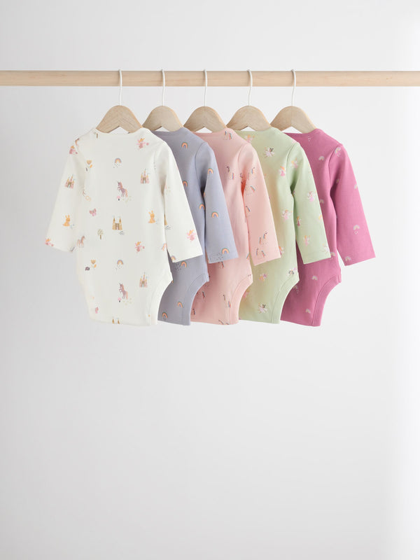Multi 5 Pack Baby Long Sleeve 100% Cotton Pastel Bodysuits