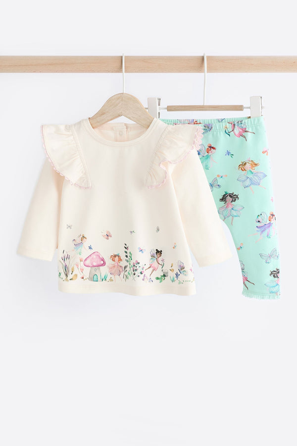 White/Green Baby 100% Cotton Long Sleeve Top And Leggings Set