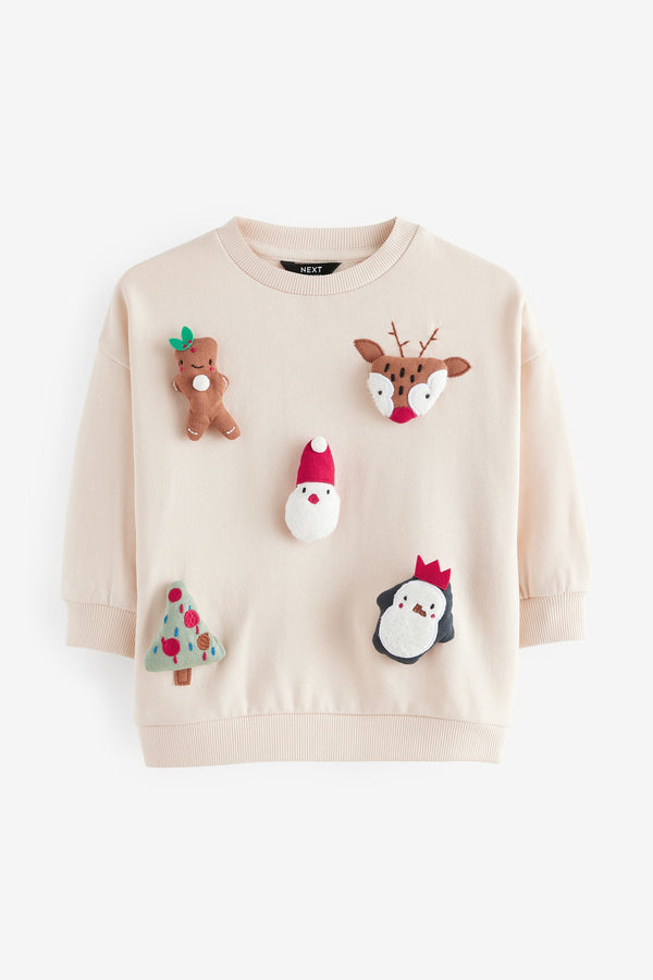 Ecru Cream 3D Christmas Crew Neck 100% Cotton Sweatshirt (3mths-7yrs)