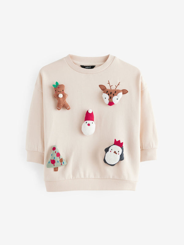 Ecru Cream 3D Christmas Crew Neck 100% Cotton Sweatshirt (3mths-7yrs)