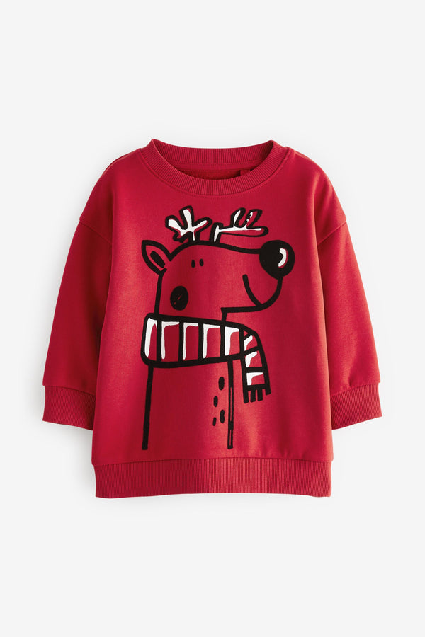 Red Reindeer Christmas Crew Neck 100% Cotton Sweatshirt (3mths-7yrs)