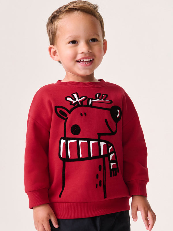 Red Reindeer Christmas Crew Neck 100% Cotton Sweatshirt (3mths-7yrs)