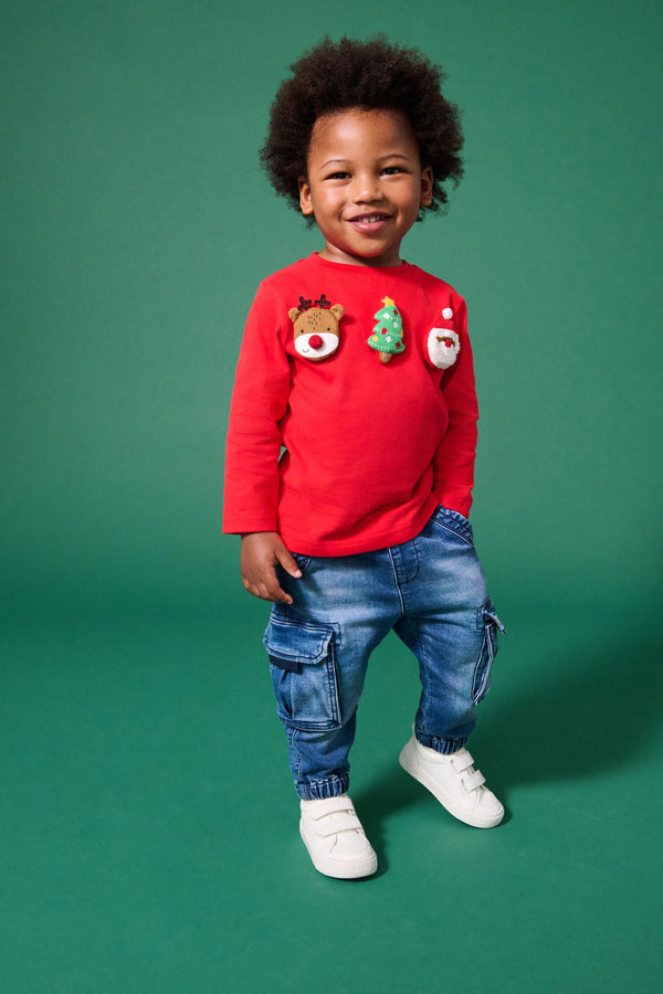 Red Padded Long Sleeves Christmas 100% Cotton T-Shirt (3mths-7yrs)