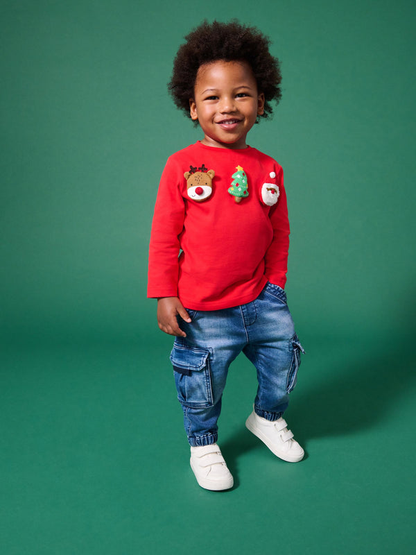 Red Long Sleeve Christmas 100% Cotton T-Shirt (3mths-7yrs)