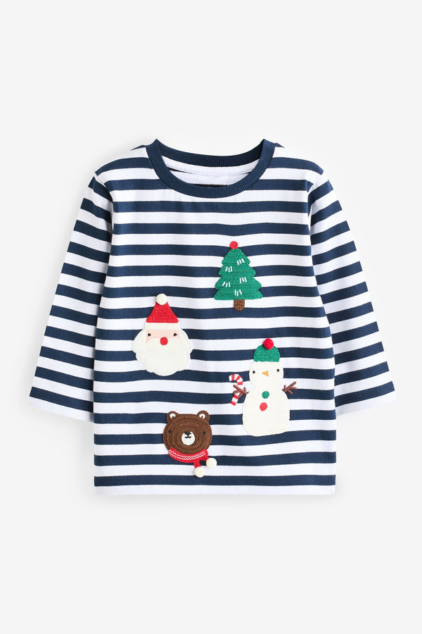 Navy Blue/White Long Sleeve Christmas T-Shirt (3mths-7yrs)