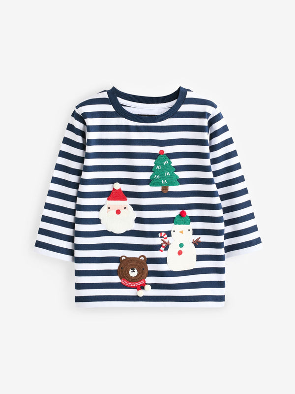 Navy Blue/White Long Sleeve Christmas 100% Cotton T-Shirt (3mths-7yrs)