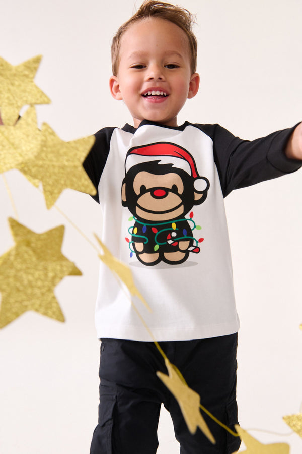 Black/White Long Sleeve Christmas 100% Cotton T-Shirt (3mths-7yrs)