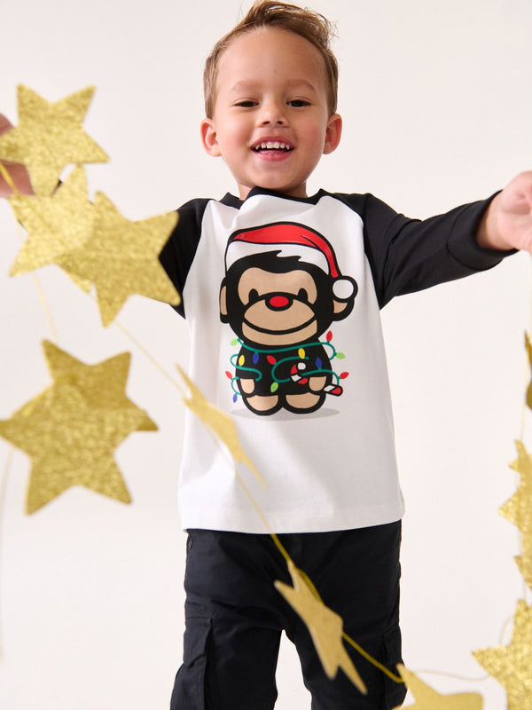 Black/White Long Sleeve Christmas 100% Cotton T-Shirt (3mths-7yrs)