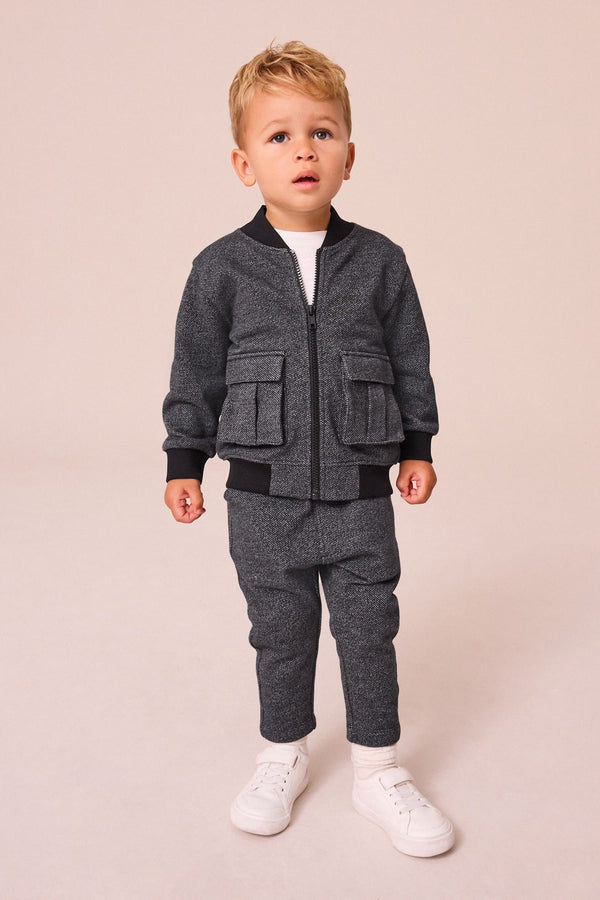 Charcoal Grey 2 Piece Jersey Textured Bomber Jacket and Joggers Set (3mths-7yrs)