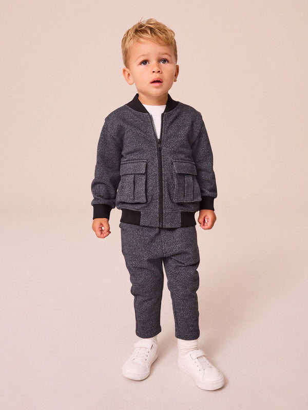 Charcoal Grey 2 Piece Jersey Textured Bomber Jacket and Joggers Set (immediate )