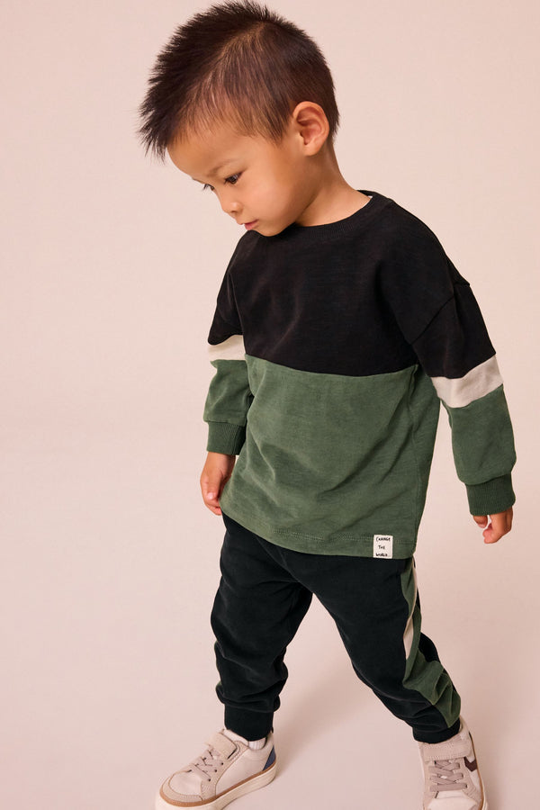 Black/Green 100% Cotton Long Sleeve Soft Touch T-Shirt and Joggers Set (3mths-7yrs)