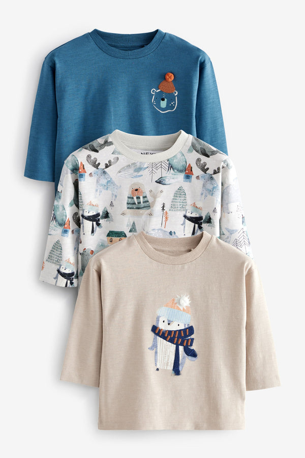 Blue/White 100% Cotton Long Sleeve Animal Print Character T-Shirts 3 Pack (3mths-7yrs)