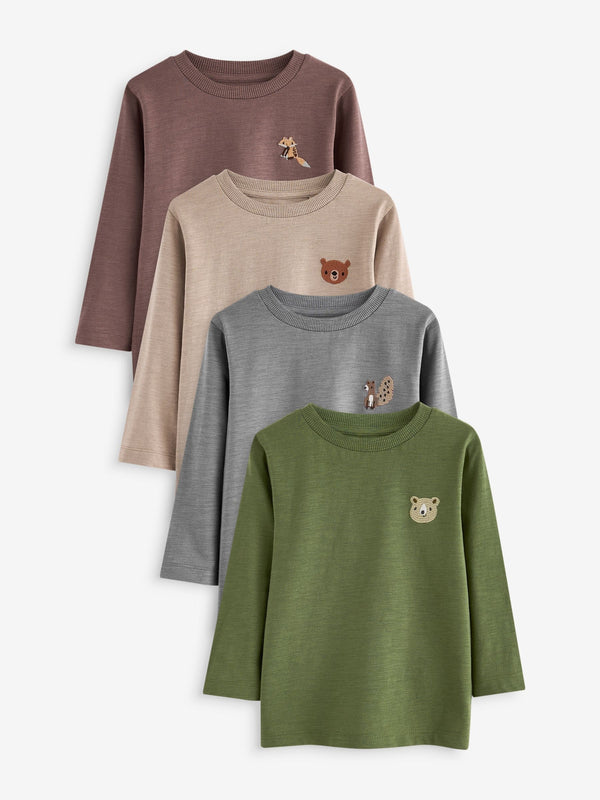 Grey/Brown Woodland Animal Long Sleeve Character T-Shirts 4 Pack (3mths-7yrs)