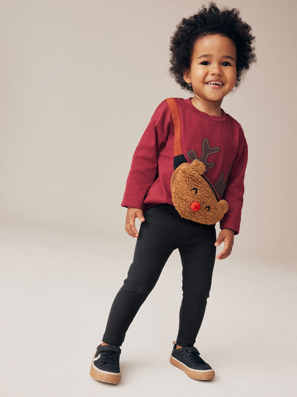 Red/Black Reindeer Christmas Bumbag Long Sleeve 100% Cotton T-Shirt And Leggings Set (3mths-7yrs) (3mths-7yrs)