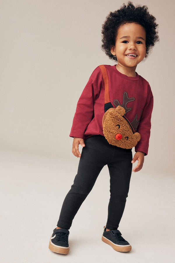 Red/Black Reindeer Christmas Bumbag Long Sleeve 100% Cotton T-Shirt And Leggings Set (3mths-7yrs) (3mths-7yrs)