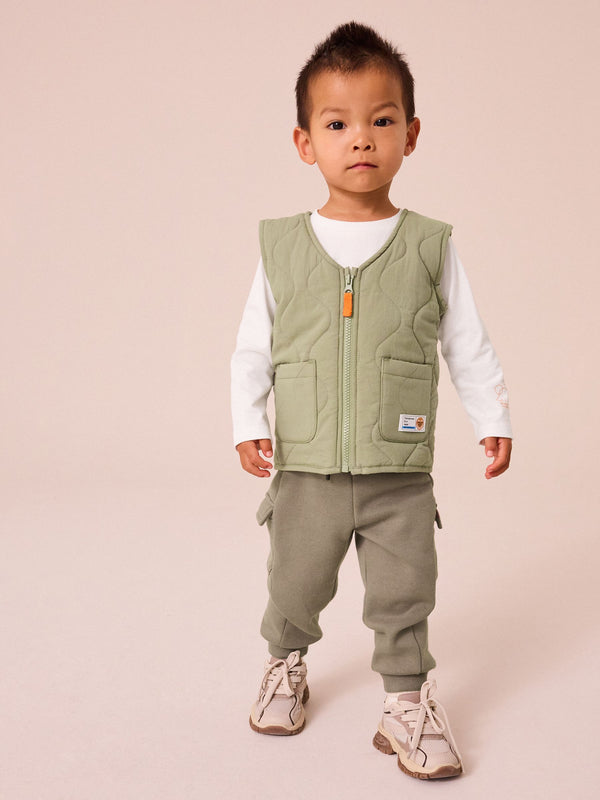 Khaki/Stone Quilted Gilet and Utility Joggers 3 Piece Set (3mths-7yrs)