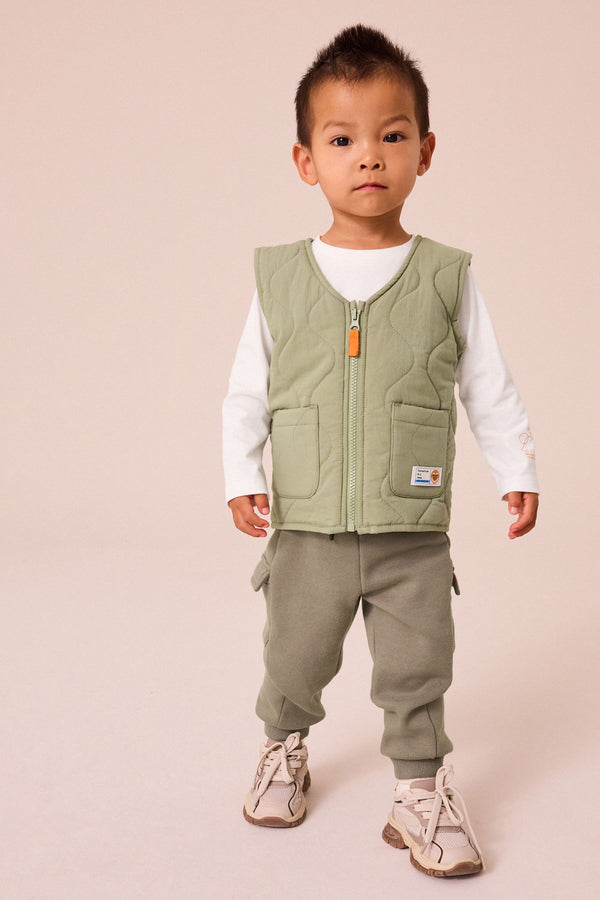 Khaki/Stone Quilted Gilet and Utility Joggers 3 Piece Set (3mths-7yrs)