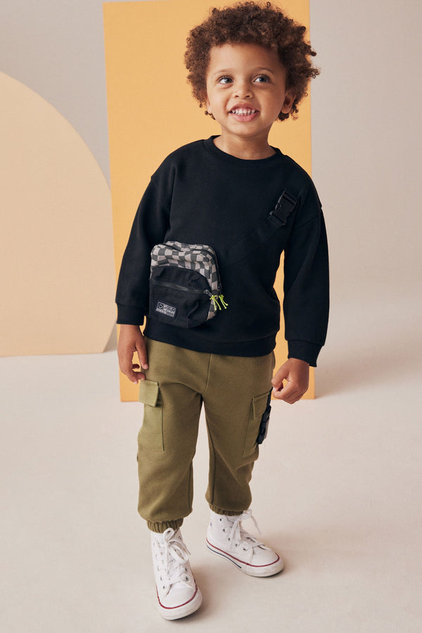 Black/Green Utility Bumbag Crew Neck 100% Cotton Sweatshirt and Joggers Set (3mths-7yrs)