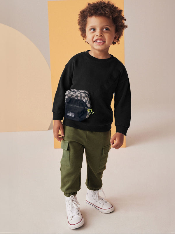 Black/Green Utility Bumbag Crew Neck 100% Cotton Sweatshirt and Joggers Set (3mths-7yrs)