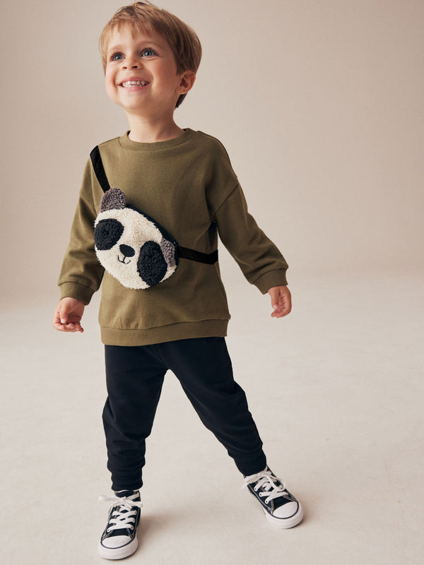 Khaki Green Panda Utility Bumbag Crew Neck 100% Cotton Sweatshirt and Joggers Set (3mths-7yrs)